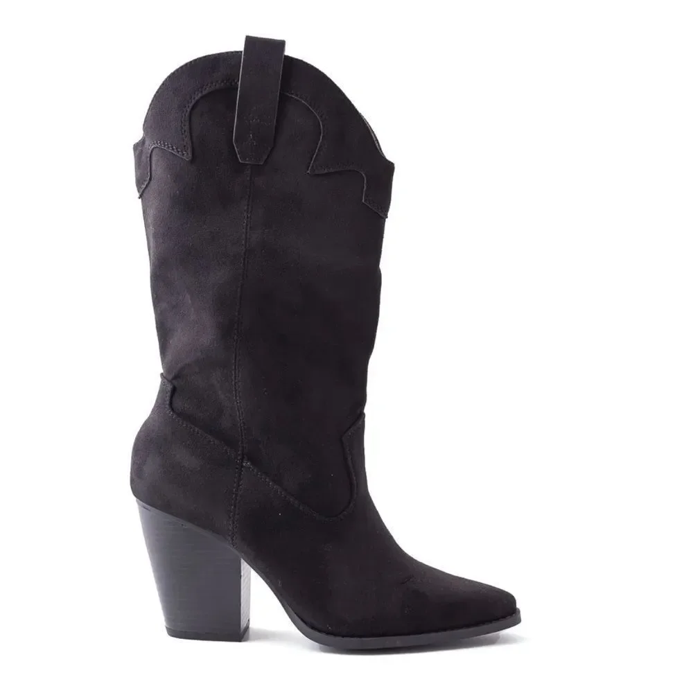 Black Cowboy Western Faux Suede Boot